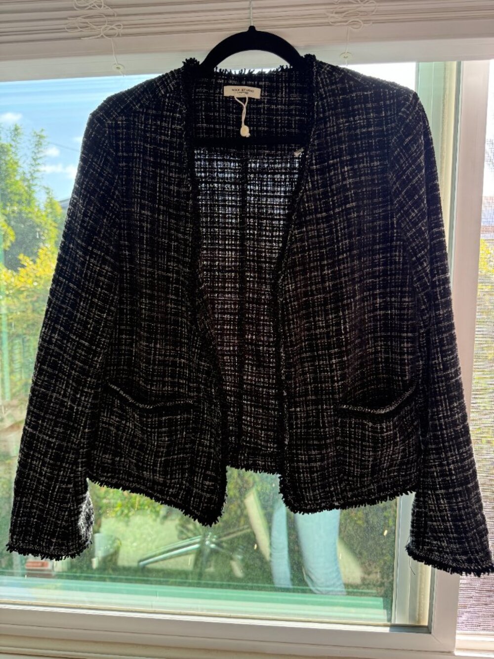 Max Studio London Black White Tweed Open Front Blazer M